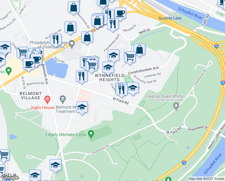 map of restaurants, bars, coffee shops, grocery stores, and more near 2728 Cranston Road in Philadelphia