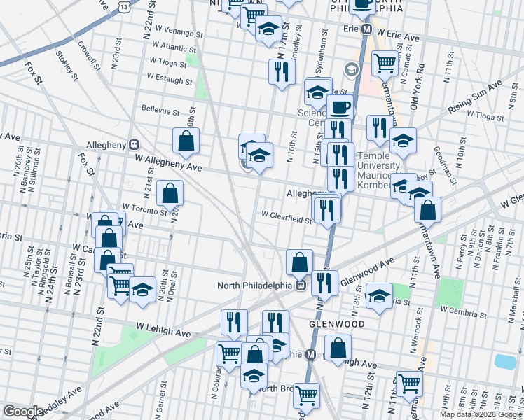map of restaurants, bars, coffee shops, grocery stores, and more near 1632 West Clearfield Street in Philadelphia
