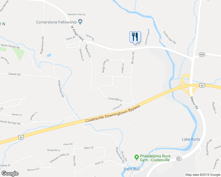 map of restaurants, bars, coffee shops, grocery stores, and more near 304 Dunbar Drive in Coatesville