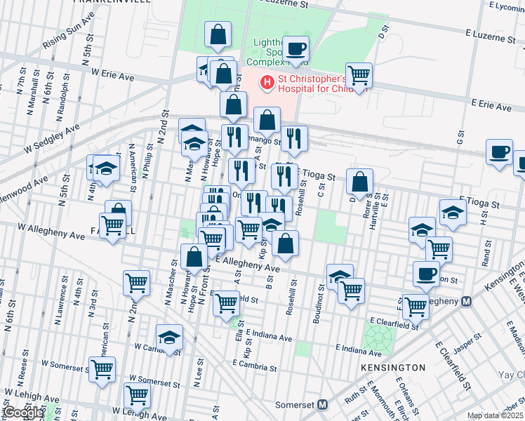 map of restaurants, bars, coffee shops, grocery stores, and more near 3341 Ella Street in Philadelphia