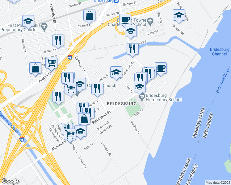 map of restaurants, bars, coffee shops, grocery stores, and more near 4600 Tilton Street in Philadelphia
