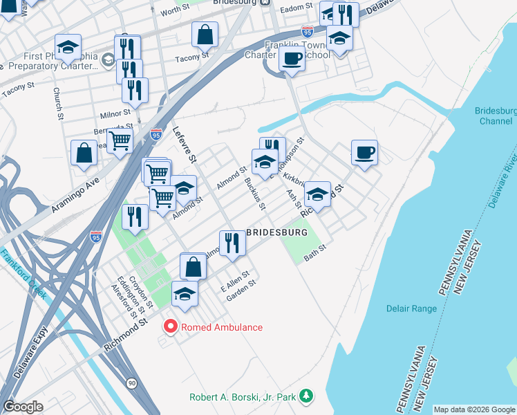 map of restaurants, bars, coffee shops, grocery stores, and more near 4539 Edgemont Street in Philadelphia