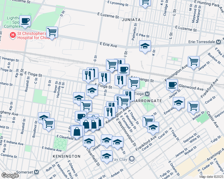 map of restaurants, bars, coffee shops, grocery stores, and more near 926 East Tioga Street in Philadelphia