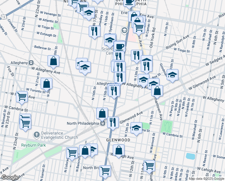 map of restaurants, bars, coffee shops, grocery stores, and more near 3126 North Rosewood Street in Philadelphia