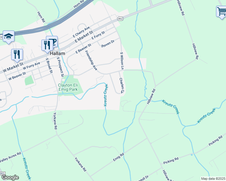 map of restaurants, bars, coffee shops, grocery stores, and more near 440 Charles Circle in Hallam