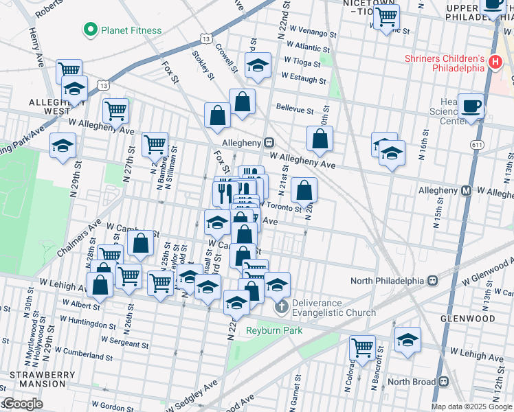 map of restaurants, bars, coffee shops, grocery stores, and more near 3025 North 22nd Street in Philadelphia