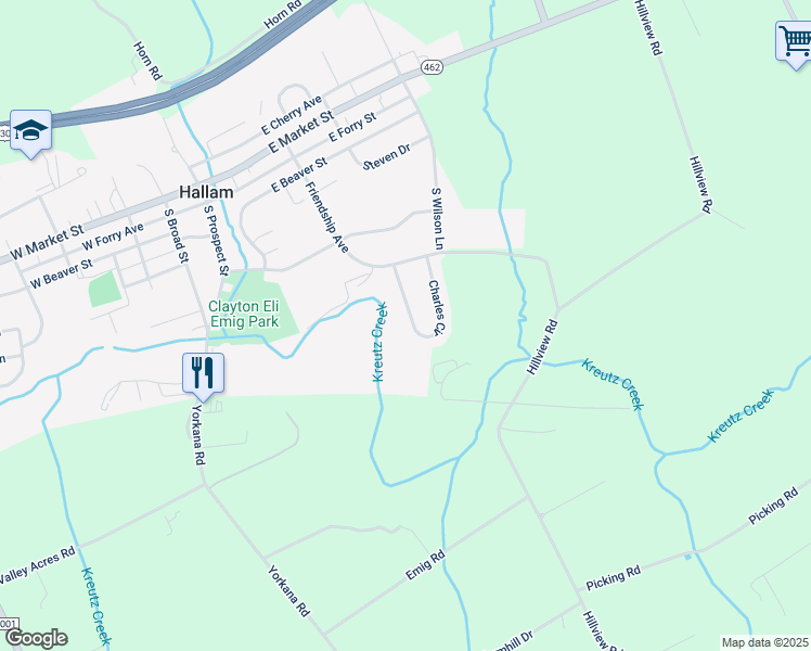 map of restaurants, bars, coffee shops, grocery stores, and more near 440 Charles Circle in Hallam