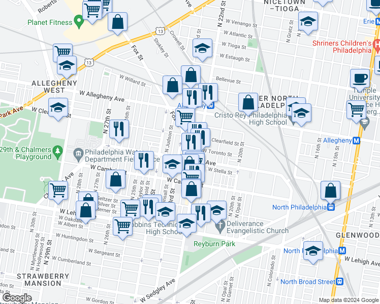 map of restaurants, bars, coffee shops, grocery stores, and more near 3018 North Croskey Street in Philadelphia