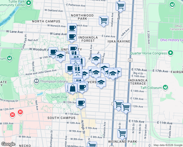 map of restaurants, bars, coffee shops, grocery stores, and more near 107 East 16th Avenue in Columbus