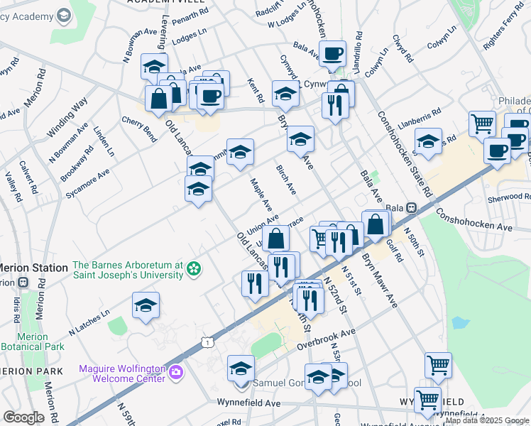 map of restaurants, bars, coffee shops, grocery stores, and more near 104 Maple Avenue in Bala Cynwyd