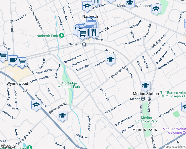 map of restaurants, bars, coffee shops, grocery stores, and more near 518 Valley-View Road in Merion Station