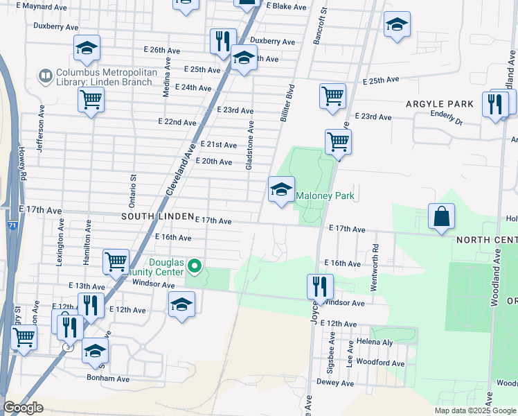 map of restaurants, bars, coffee shops, grocery stores, and more near 1427 East 18th Avenue in Columbus
