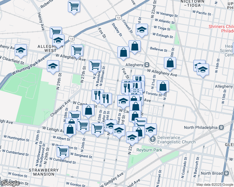 map of restaurants, bars, coffee shops, grocery stores, and more near 3005 North 24th Street in Philadelphia