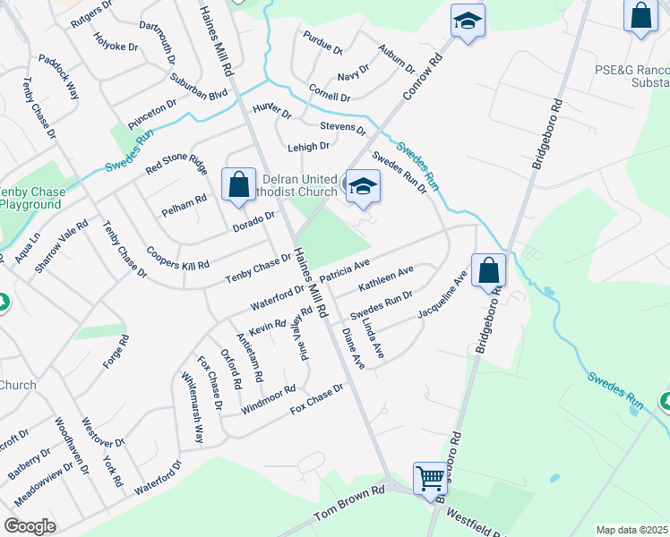 map of restaurants, bars, coffee shops, grocery stores, and more near 107 Patricia Avenue in Delran