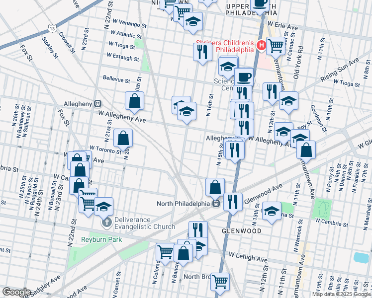 map of restaurants, bars, coffee shops, grocery stores, and more near 3105 North 17th Street in Philadelphia