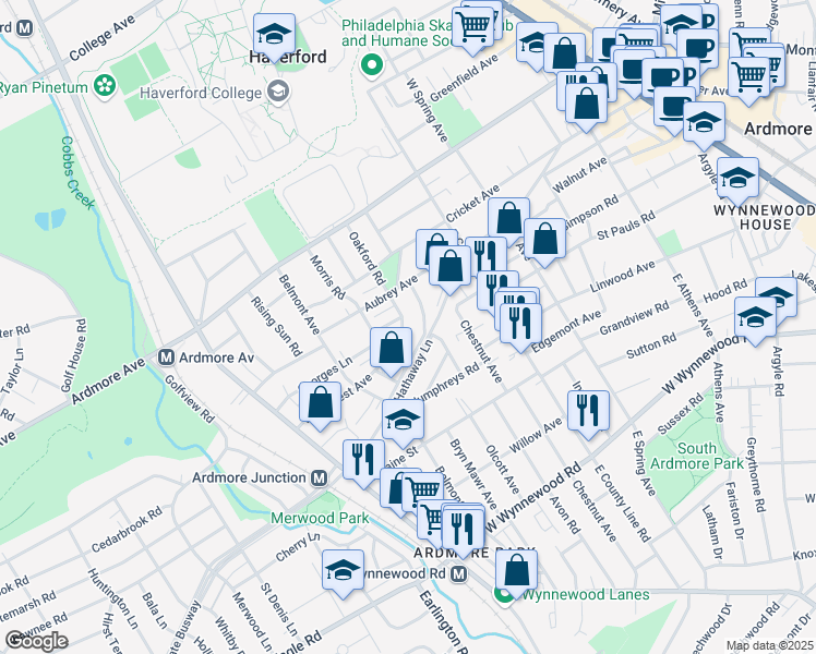 map of restaurants, bars, coffee shops, grocery stores, and more near 2727 Oakford Road in Ardmore