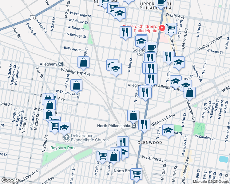 map of restaurants, bars, coffee shops, grocery stores, and more near 3105 North 17th Street in Philadelphia