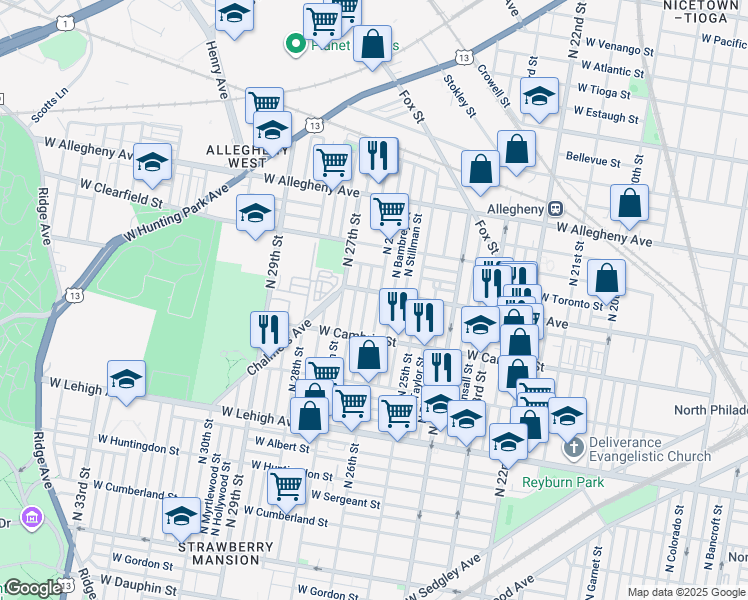 map of restaurants, bars, coffee shops, grocery stores, and more near 2950 North 26th Street in Philadelphia