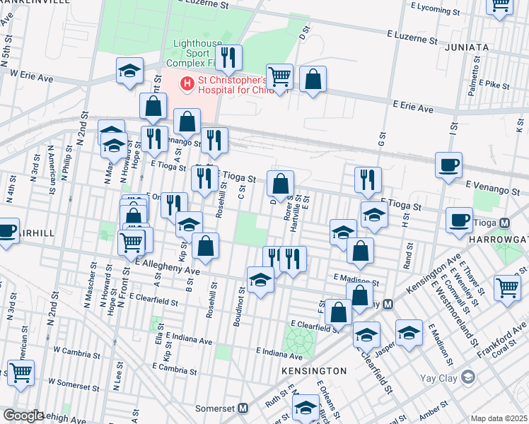 map of restaurants, bars, coffee shops, grocery stores, and more near 449-57 East Ontario Street in Philadelphia