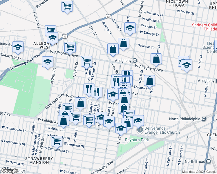 map of restaurants, bars, coffee shops, grocery stores, and more near 3006 North Judson Street in Philadelphia