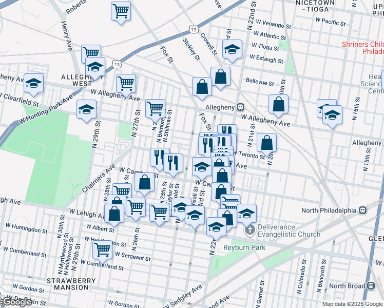 map of restaurants, bars, coffee shops, grocery stores, and more near 3005 North 24th Street in Philadelphia