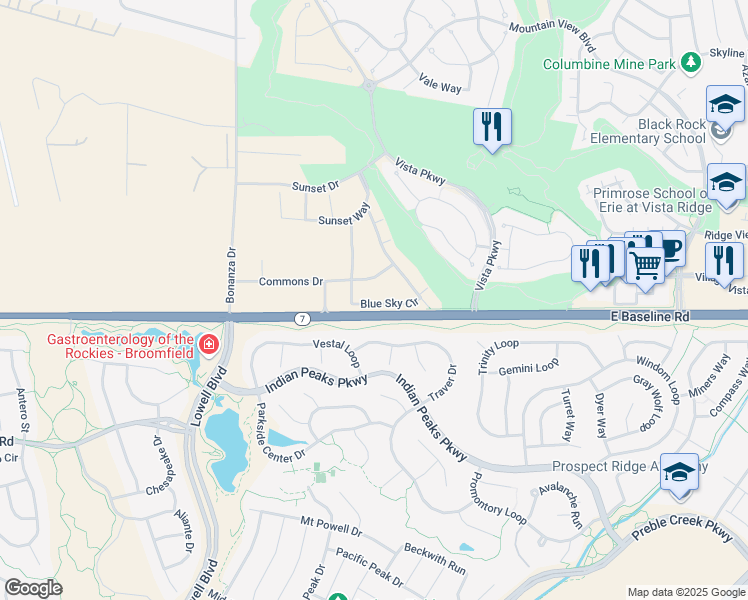 map of restaurants, bars, coffee shops, grocery stores, and more near 1465 Blue sky Circle in Erie