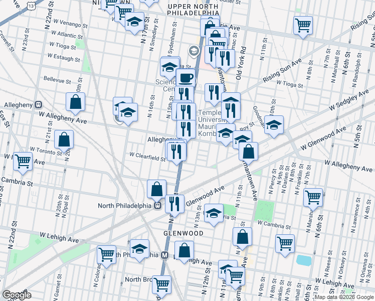 map of restaurants, bars, coffee shops, grocery stores, and more near 3117 North Broad Street in Philadelphia