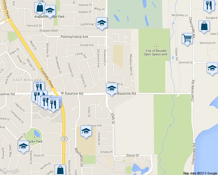 map of restaurants, bars, coffee shops, grocery stores, and more near in Boulder