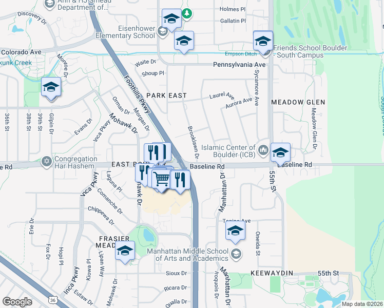 map of restaurants, bars, coffee shops, grocery stores, and more near 703 Brooklawn Drive in Boulder