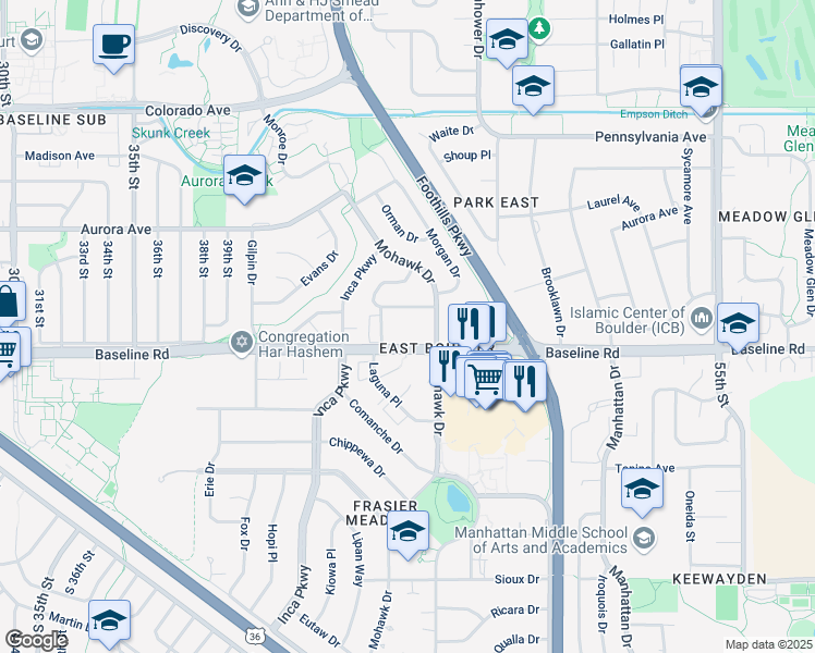 map of restaurants, bars, coffee shops, grocery stores, and more near in Boulder