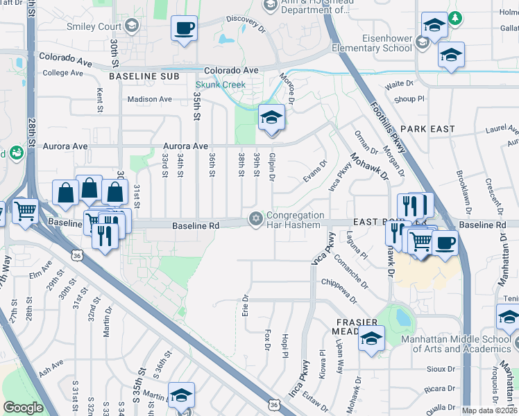 map of restaurants, bars, coffee shops, grocery stores, and more near 708 39th Street in Boulder