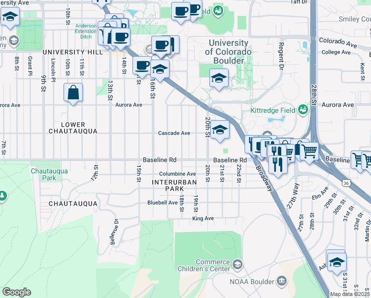 map of restaurants, bars, coffee shops, grocery stores, and more near 733 18th Street in Boulder