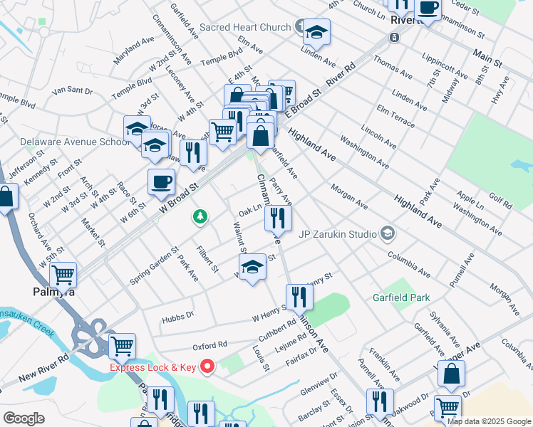 map of restaurants, bars, coffee shops, grocery stores, and more near 2 Memorial Avenue in Palmyra