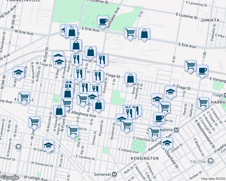 map of restaurants, bars, coffee shops, grocery stores, and more near 3300 C Street in Philadelphia