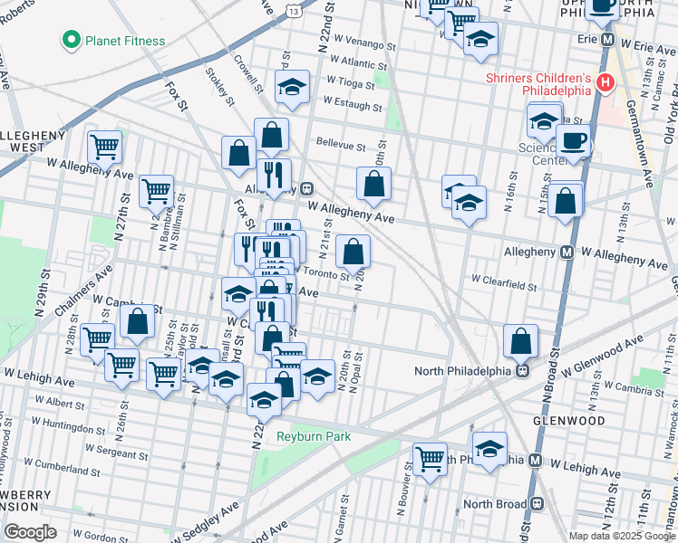 map of restaurants, bars, coffee shops, grocery stores, and more near 2020 West Toronto Street in Philadelphia