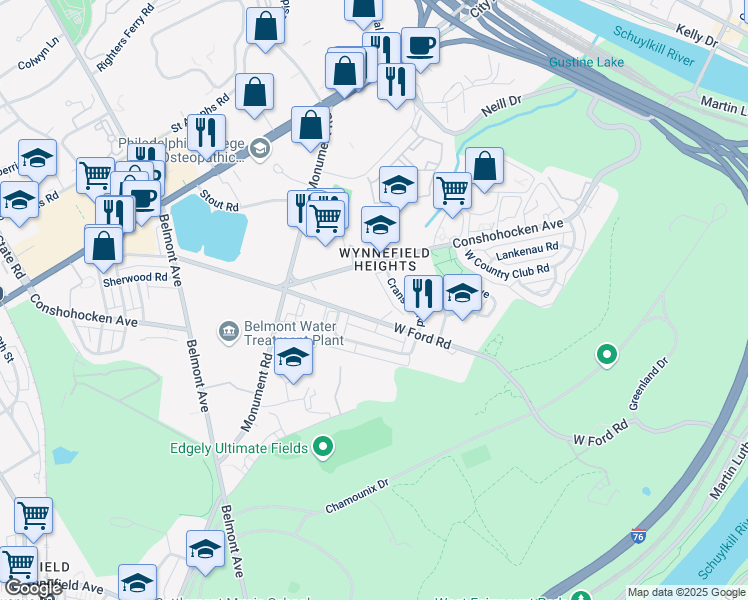 map of restaurants, bars, coffee shops, grocery stores, and more near 4065 West Ford Road in Philadelphia