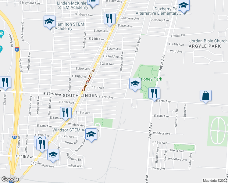 map of restaurants, bars, coffee shops, grocery stores, and more near 1356 East 17th Avenue in Columbus