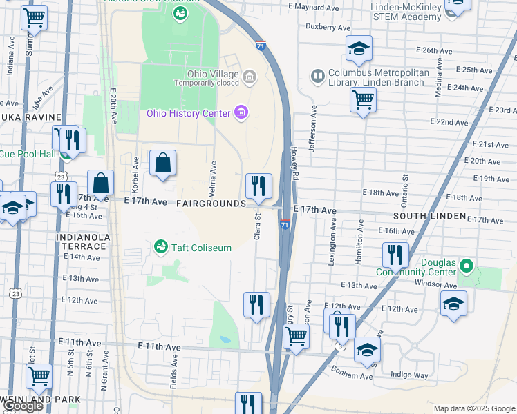 map of restaurants, bars, coffee shops, grocery stores, and more near 821 East 17th Avenue in Columbus