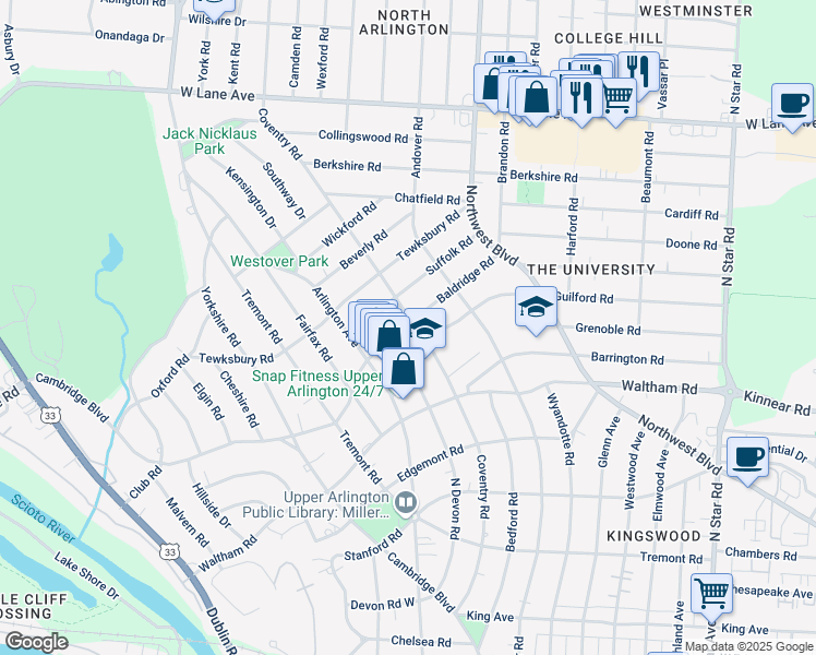 map of restaurants, bars, coffee shops, grocery stores, and more near 1942 Guilford Road in Upper Arlington