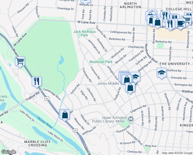 map of restaurants, bars, coffee shops, grocery stores, and more near 2170 Yorkshire Road in Columbus