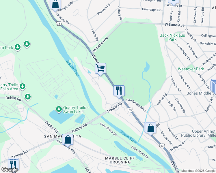 map of restaurants, bars, coffee shops, grocery stores, and more near 2201 Riverside Drive in Columbus