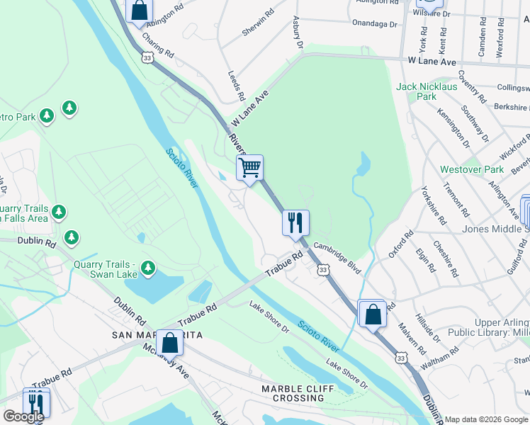 map of restaurants, bars, coffee shops, grocery stores, and more near 2215 Lane Woods Drive in Columbus