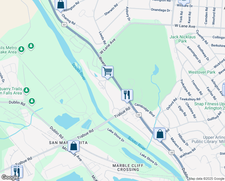 map of restaurants, bars, coffee shops, grocery stores, and more near 2215 Lane Woods Drive in Columbus