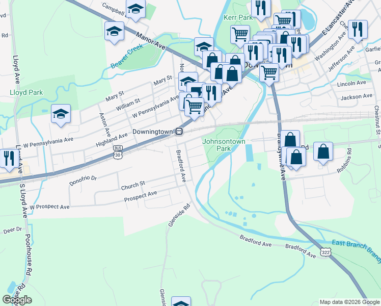 map of restaurants, bars, coffee shops, grocery stores, and more near 113 Saint Joseph Lane in Downingtown