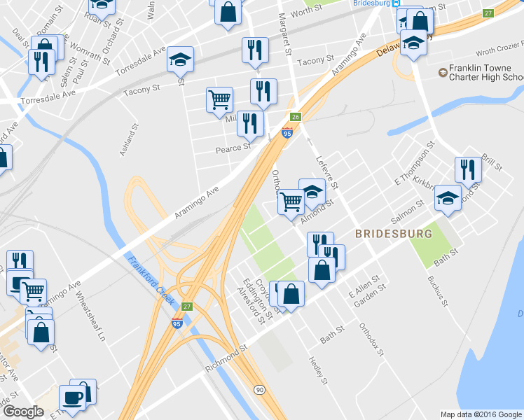 map of restaurants, bars, coffee shops, grocery stores, and more near 2538 Gillingham Street in Philadelphia