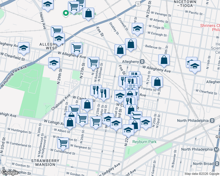 map of restaurants, bars, coffee shops, grocery stores, and more near 2953 North 24th Street in Philadelphia