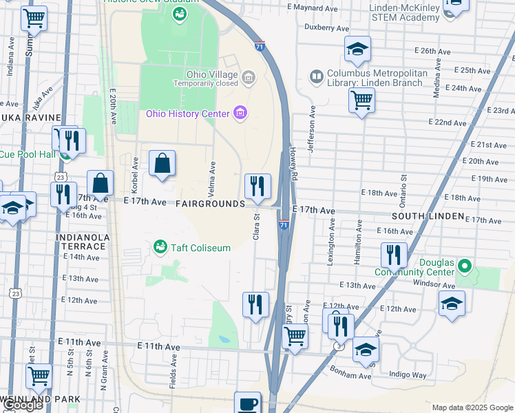 map of restaurants, bars, coffee shops, grocery stores, and more near 800 East 17th Avenue in Columbus
