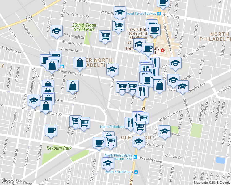 map of restaurants, bars, coffee shops, grocery stores, and more near 3111 North Chadwick Street in Philadelphia