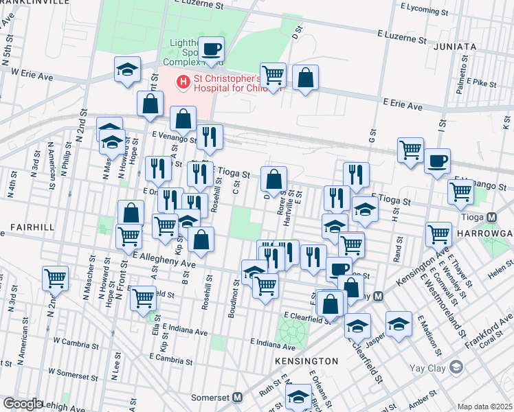 map of restaurants, bars, coffee shops, grocery stores, and more near 449-57 East Ontario Street in Philadelphia