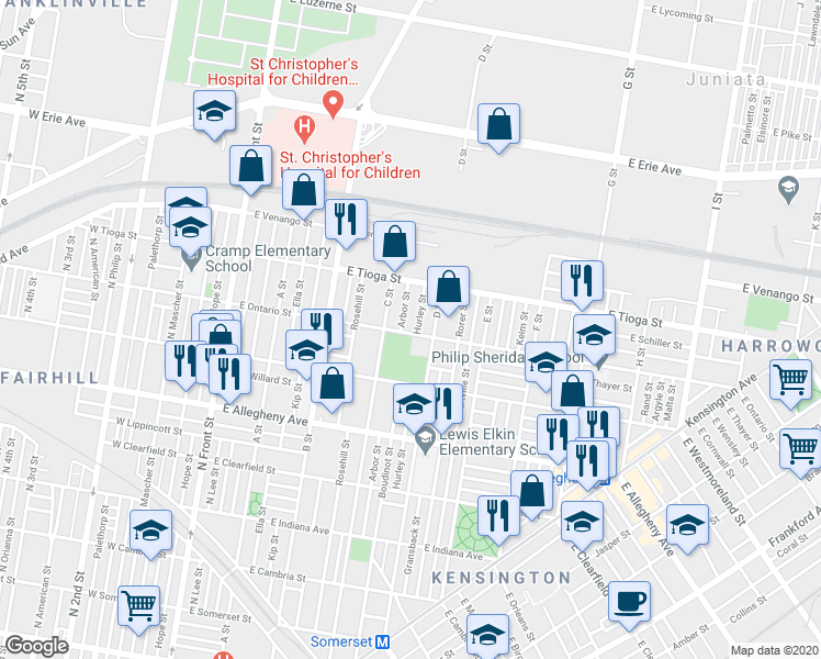 map of restaurants, bars, coffee shops, grocery stores, and more near 441 East Ontario Street in Philadelphia
